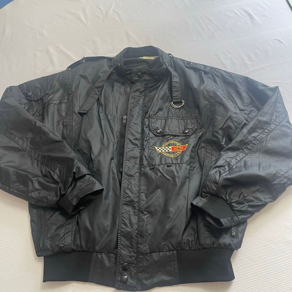 Corvette Black Nylon Vintage Bomber Jacket Size Medium